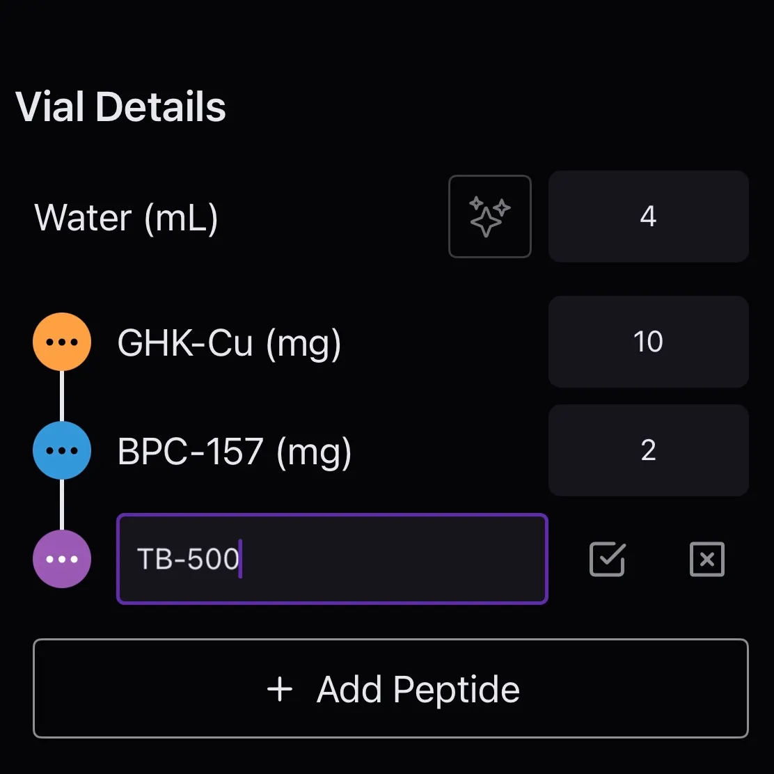 PepCalc vial details with GHK-Cu, BPC-157 and TB-500 blend