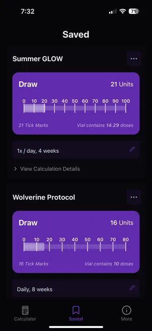 PepCalc saved protocols screen with named peptide calculations