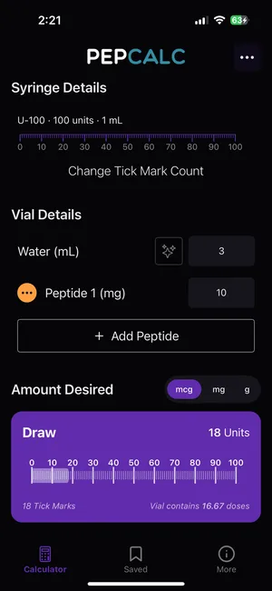 PepCalc peptide calculator screen showing vial details and reconstitution inputs