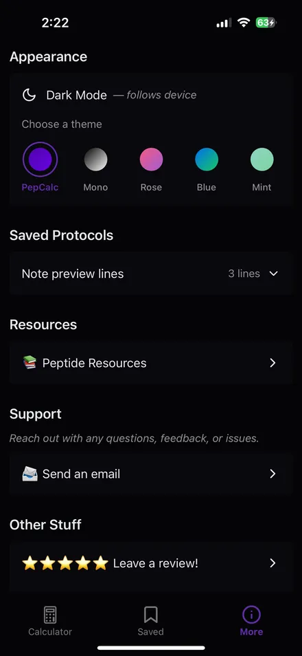 PepCalc theme settings with five color themes